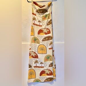 Paper HeartsMaxi Dress Tropical Palm Print Linen Strapless Cream, Brown, Mustard